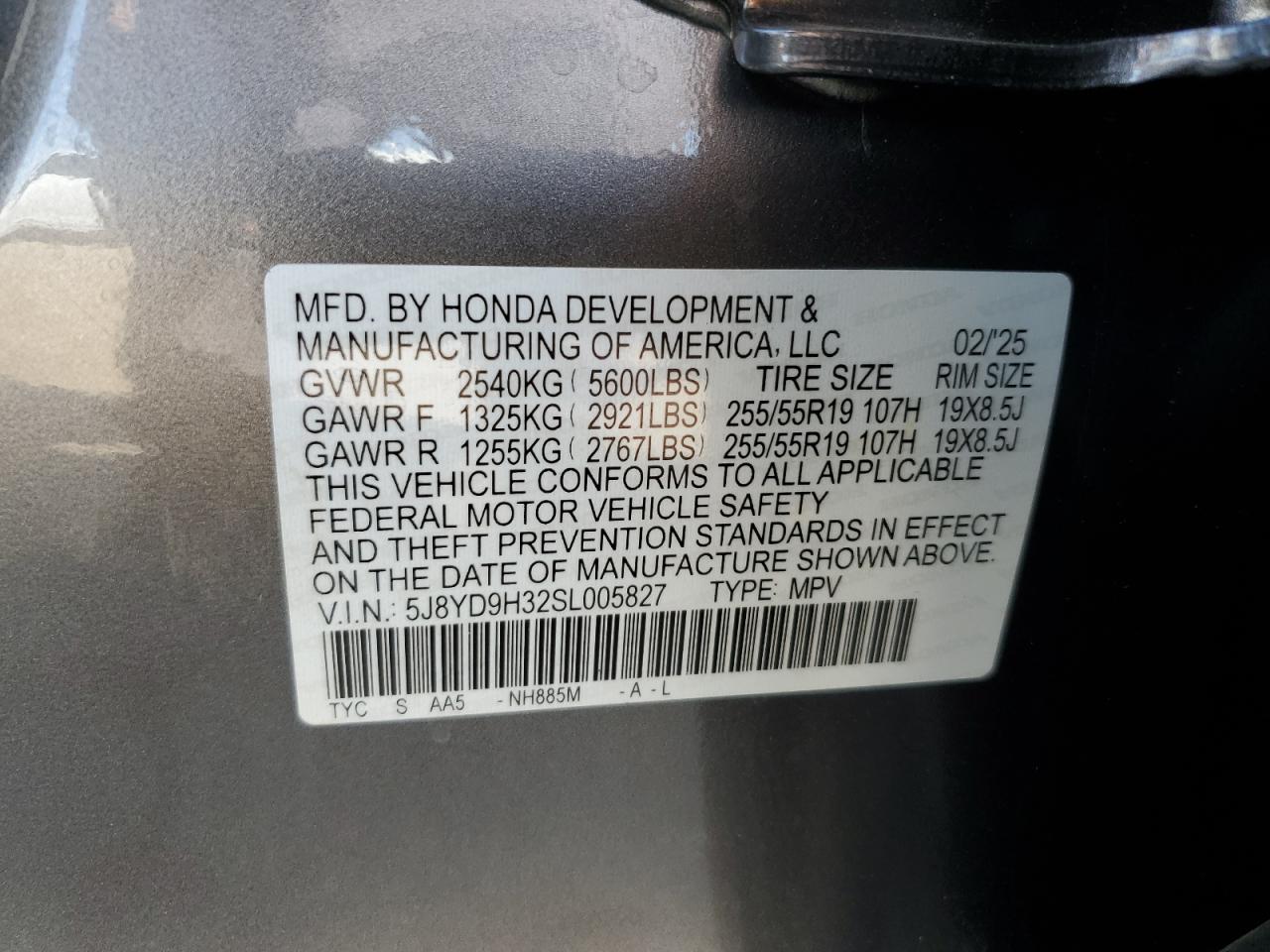 2025 Acura Mdx VIN: 5J8YD9H32SL005827 Lot: 71373365