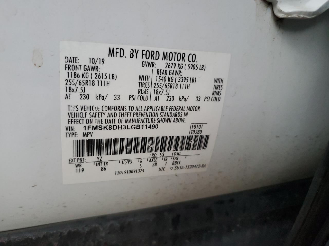 2020 Ford Explorer Xlt VIN: 1FMSK8DH3LGB11490 Lot: 80148705