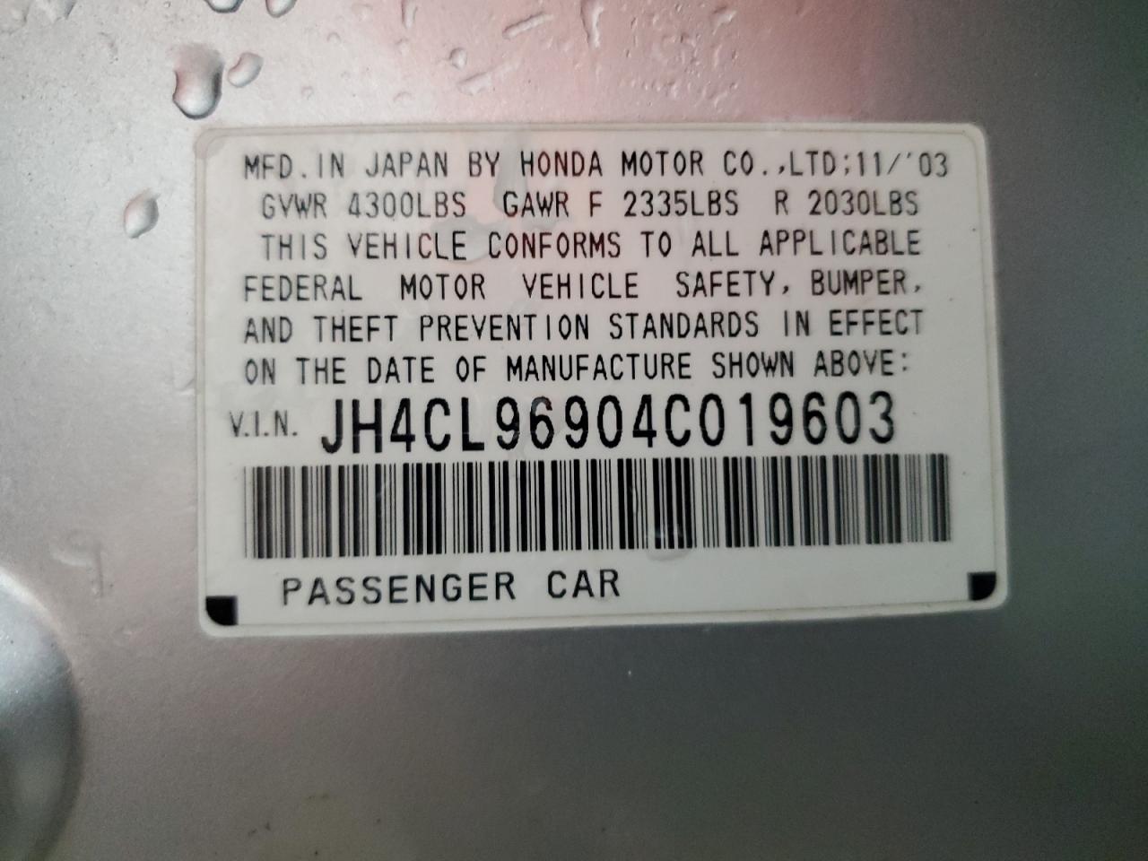 2004 Acura Tsx VIN: JH4CL96904C019603 Lot: 82116285