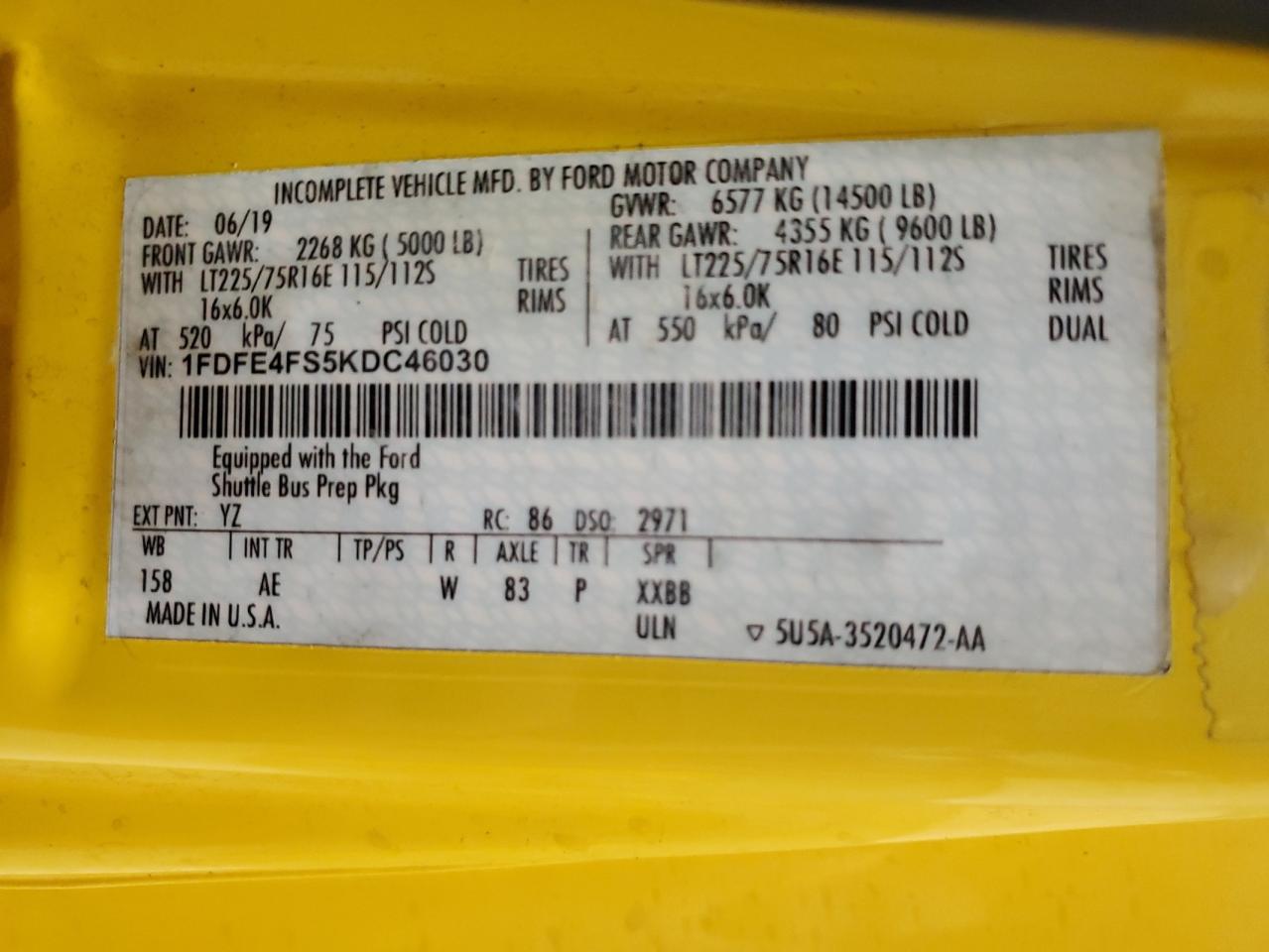 2019 Ford Econoline E450 Super Duty Cutaway Van VIN: 1FDFE4FS5KDC46030 Lot: 81518455