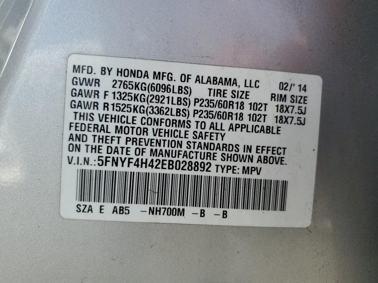 2014 Honda Pilot Ex VIN: 5FNYF4H42EB028892 Lot: 80180055