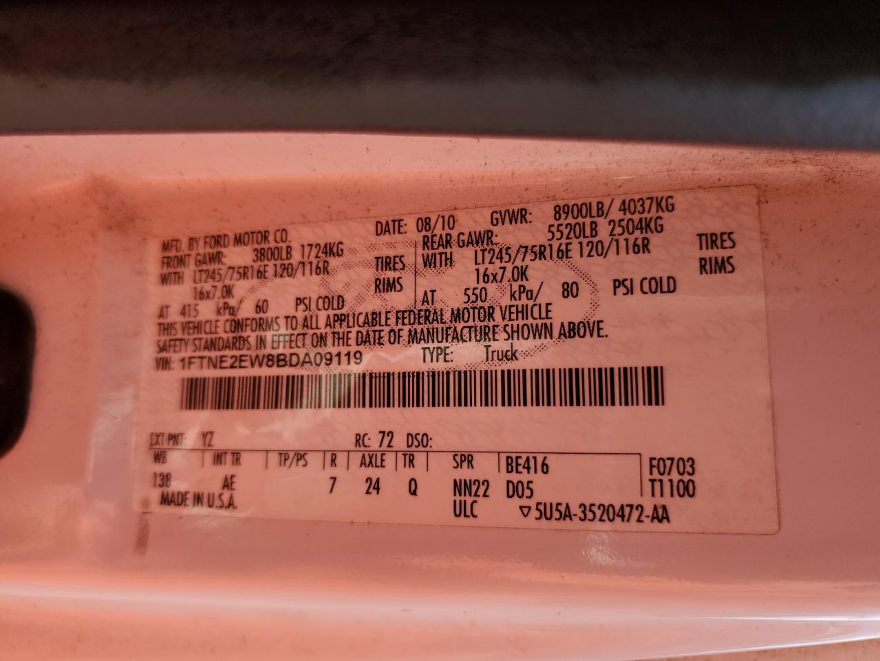 2011 Ford Econoline E250 Van VIN: 1FTNE2EW8BDA09119 Lot: 71446185