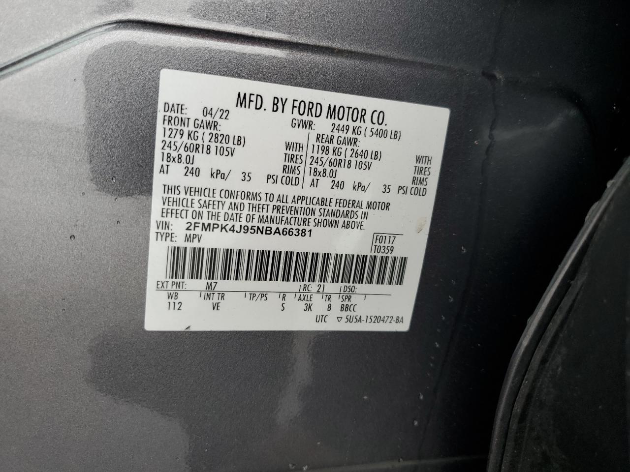 2022 Ford Edge Sel VIN: 2FMPK4J95NBA66381 Lot: 81905265