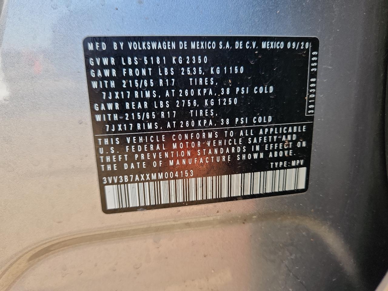 2021 Volkswagen Tiguan Se VIN: 3VV3B7AXXMM004153 Lot: 71724655