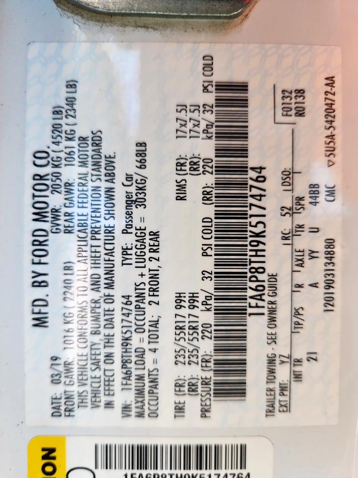 2019 Ford Mustang VIN: 1FA6P8TH9K5174764 Lot: 82091485