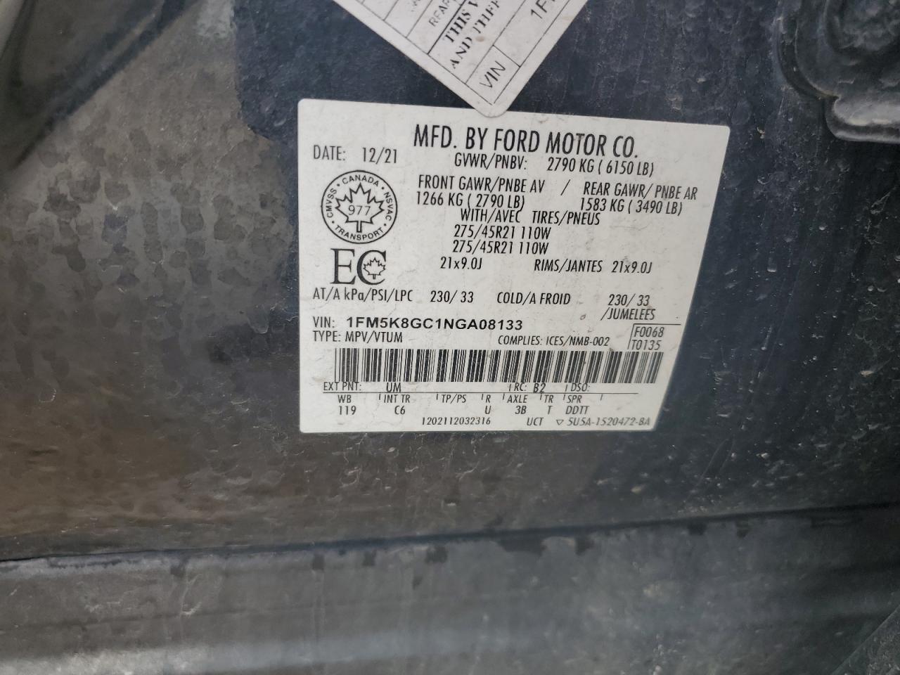 2022 Ford Explorer St VIN: 1FM5K8GC1NGA08133 Lot: 81811975