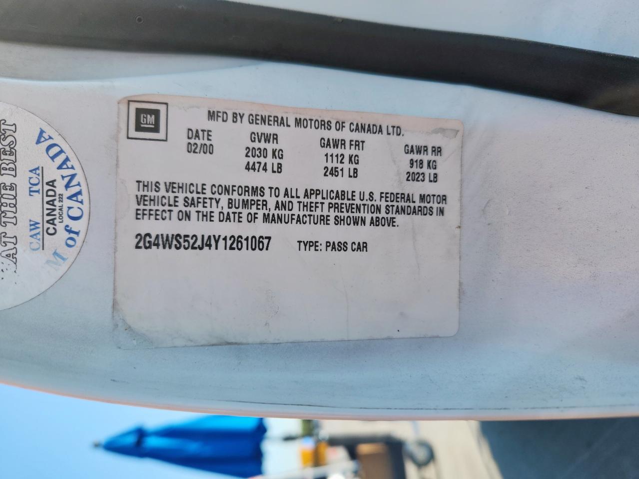 2000 Buick Century Custom VIN: 2G4WS52J4Y1261067 Lot: 80260065