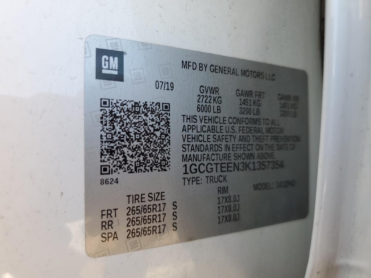 2019 Chevrolet Colorado Zr2 VIN: 1GCGTEEN3K1357354 Lot: 71485025