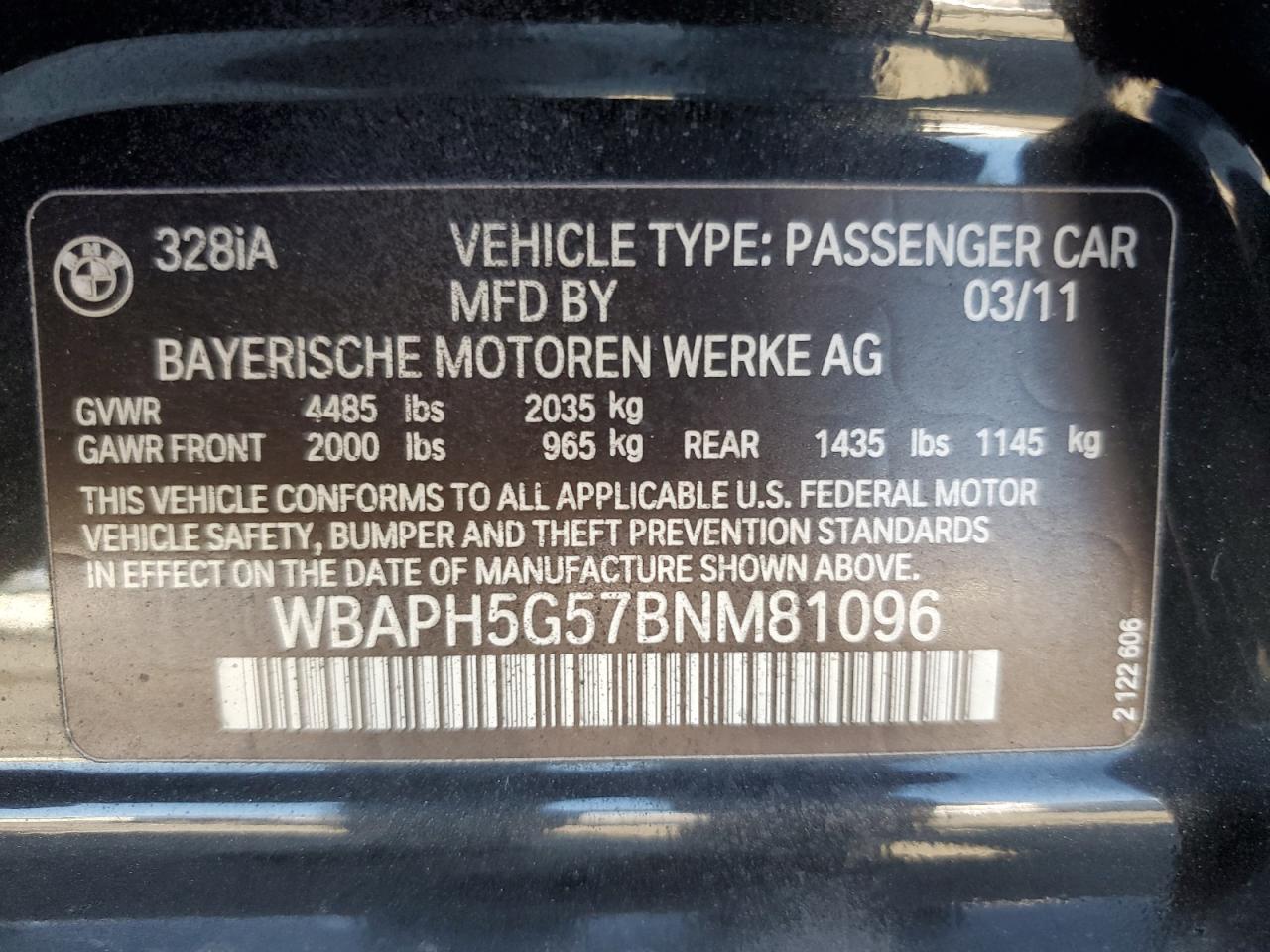 2011 BMW 328 I Sulev VIN: WBAPH5G57BNM81096 Lot: 80574205