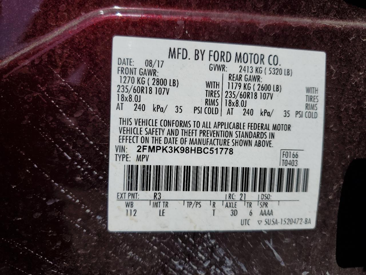 2017 Ford Edge Titanium VIN: 2FMPK3K98HBC51778 Lot: 81070275