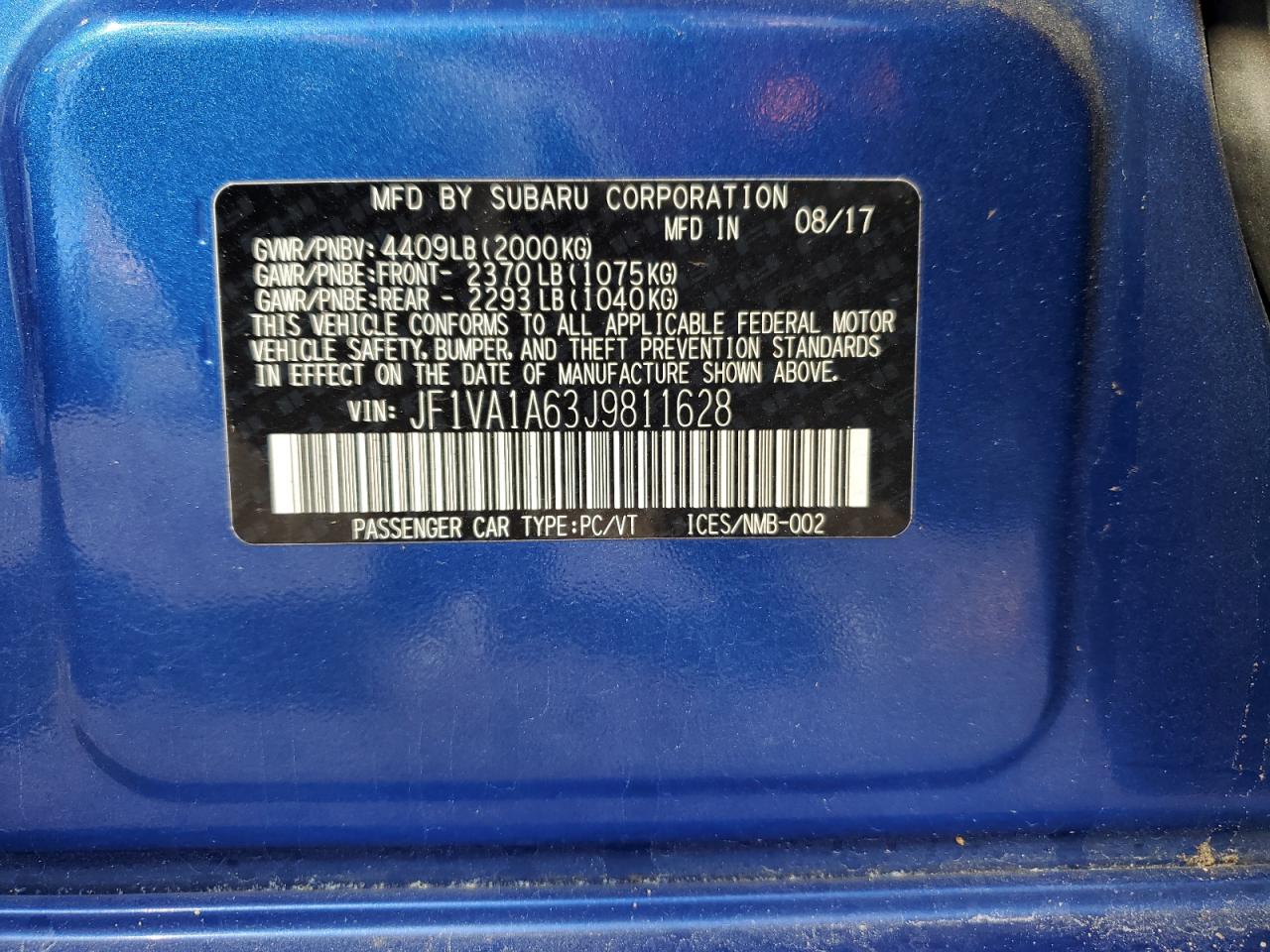 2018 Subaru Wrx VIN: JF1VA1A63J9811628 Lot: 84241275