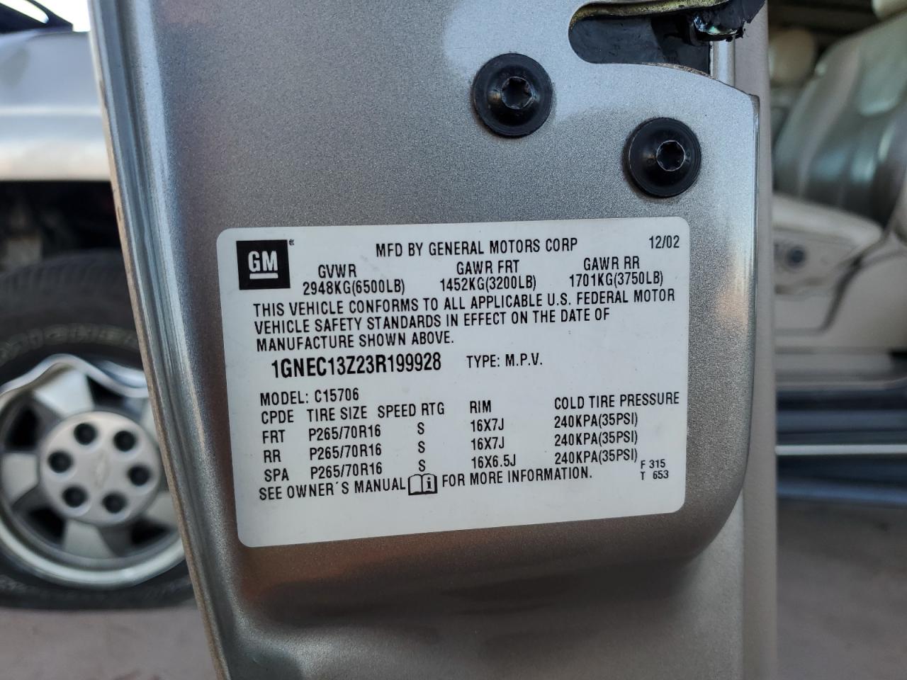 2003 Chevrolet Tahoe C1500 VIN: 1GNEC13Z23R199928 Lot: 81758075