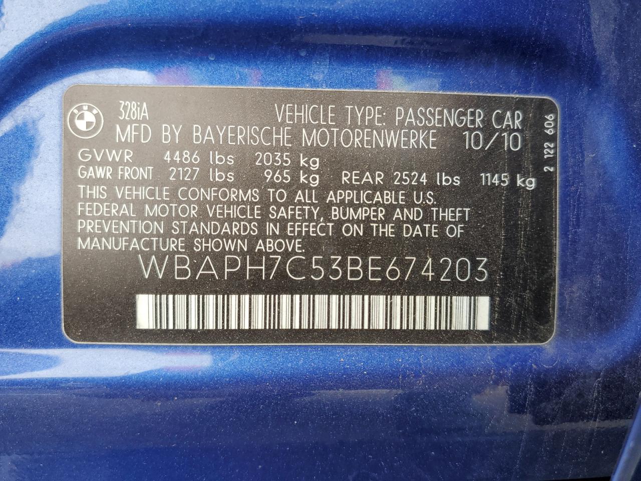 2011 BMW 328 I VIN: WBAPH7C53BE674203 Lot: 83991035