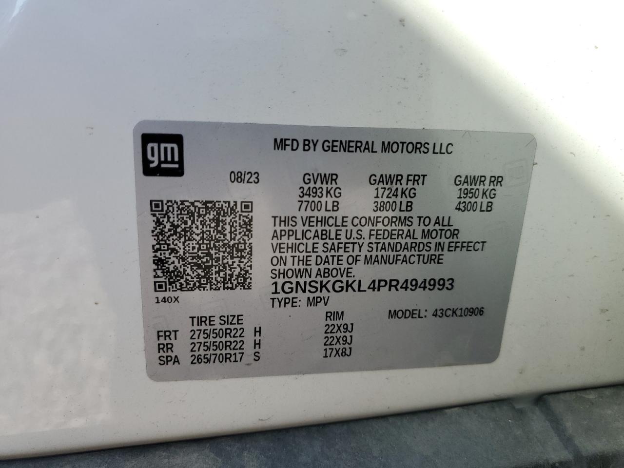 2023 Chevrolet Suburban K1500 High Country VIN: 1GNSKGKL4PR494993 Lot: 81866925