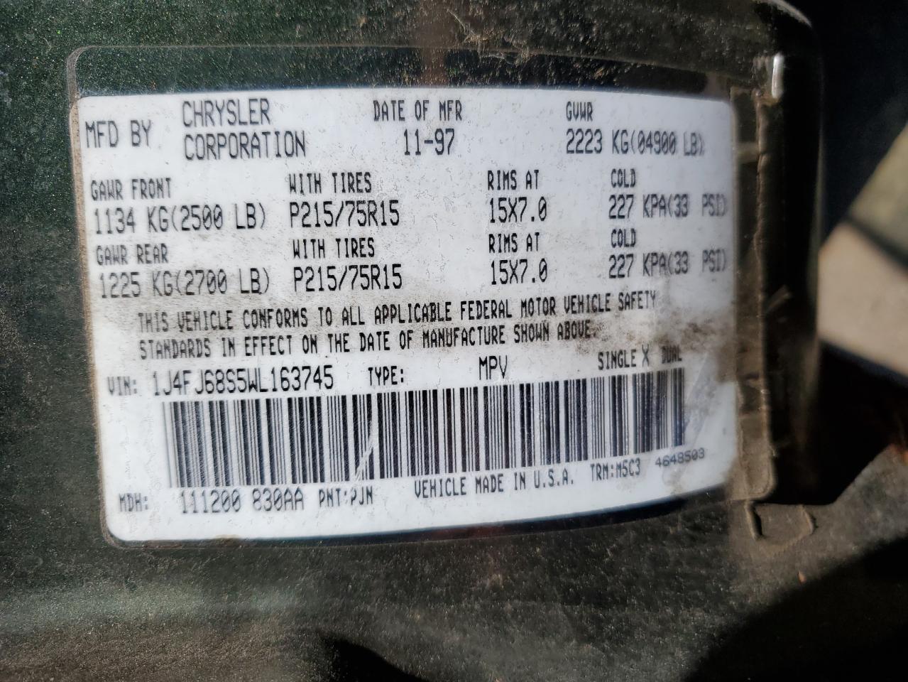 1999 Jeep Cherokee Sport VIN: 1J4FJ68S5WL163745 Lot: 80955615