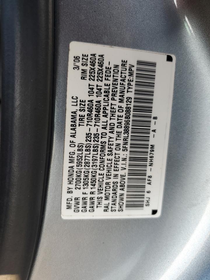 2006 Honda Odyssey Touring VIN: 5FNRL38896B088129 Lot: 71987955