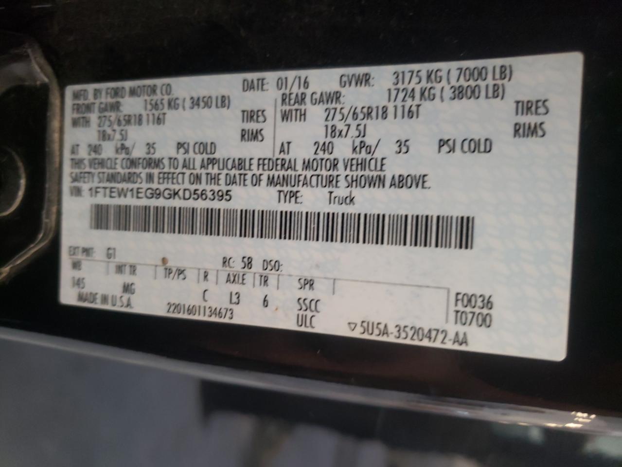 2016 Ford F150 Supercrew VIN: 1FTEW1EG9GKD56395 Lot: 81842975