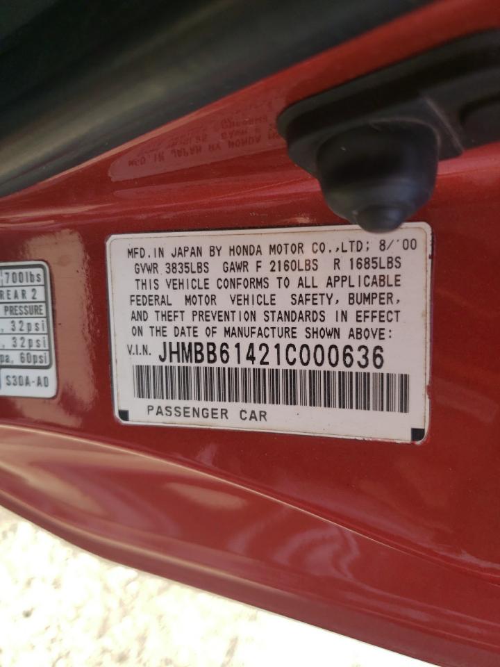 2001 Honda Prelude VIN: JHMBB61421C000636 Lot: 81086375