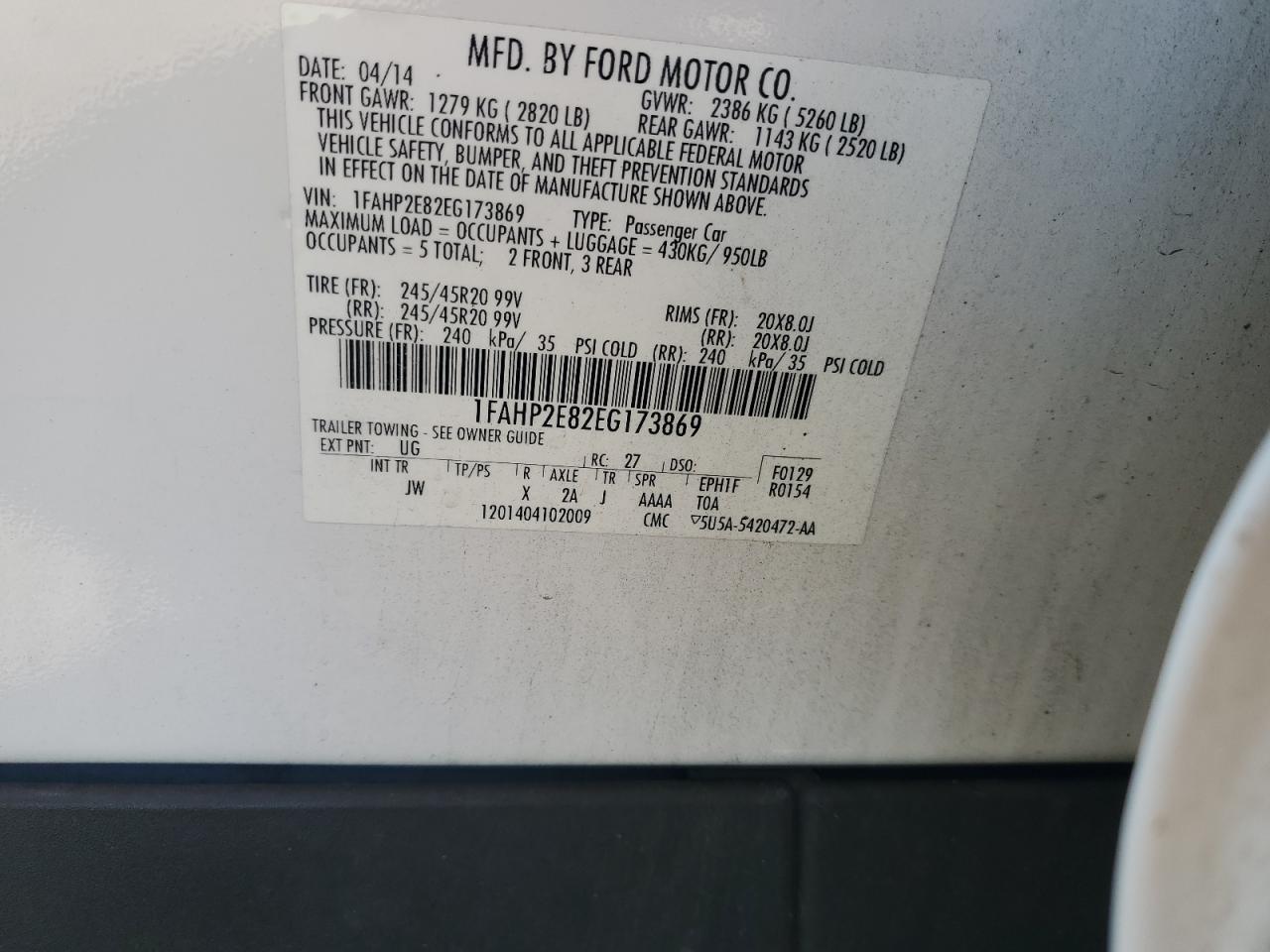 2014 Ford Taurus Sel VIN: 1FAHP2E82EG173869 Lot: 71501865