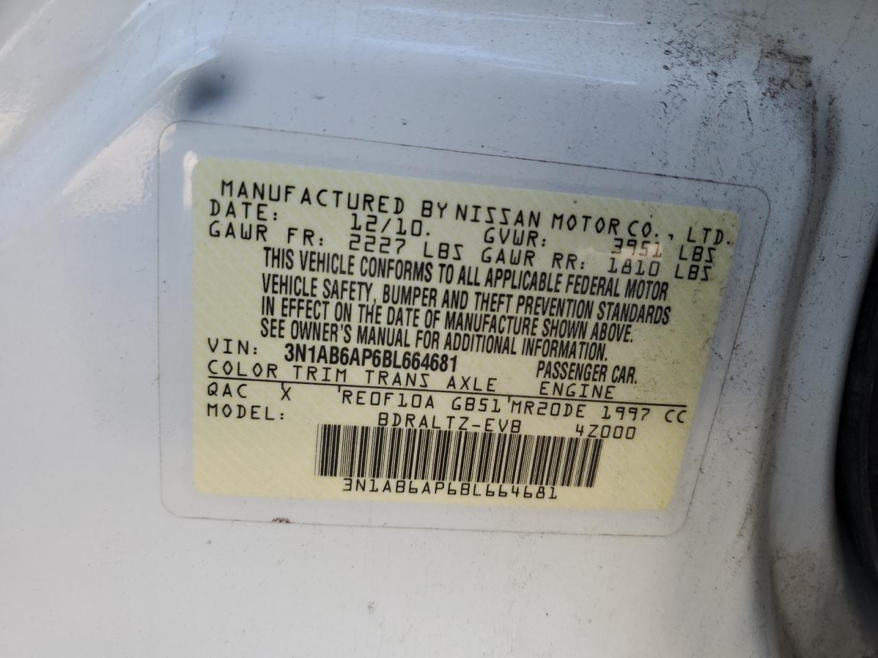 2011 Nissan Sentra 2.0 VIN: 3N1AB6AP6BL664681 Lot: 71823455