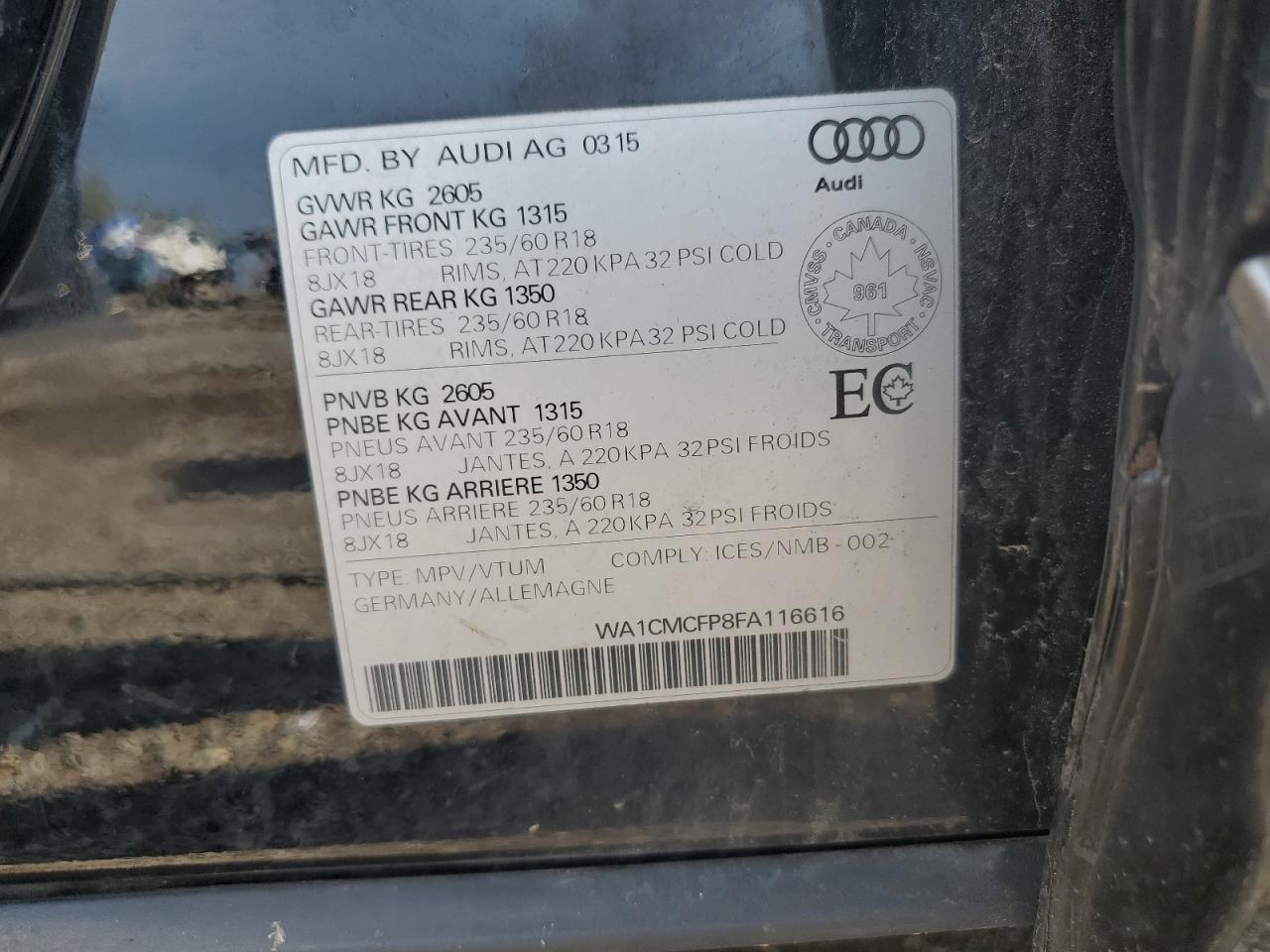 2015 Audi Q5 Tdi Premium Plus VIN: WA1CMCFP8FA116616 Lot: 70697125