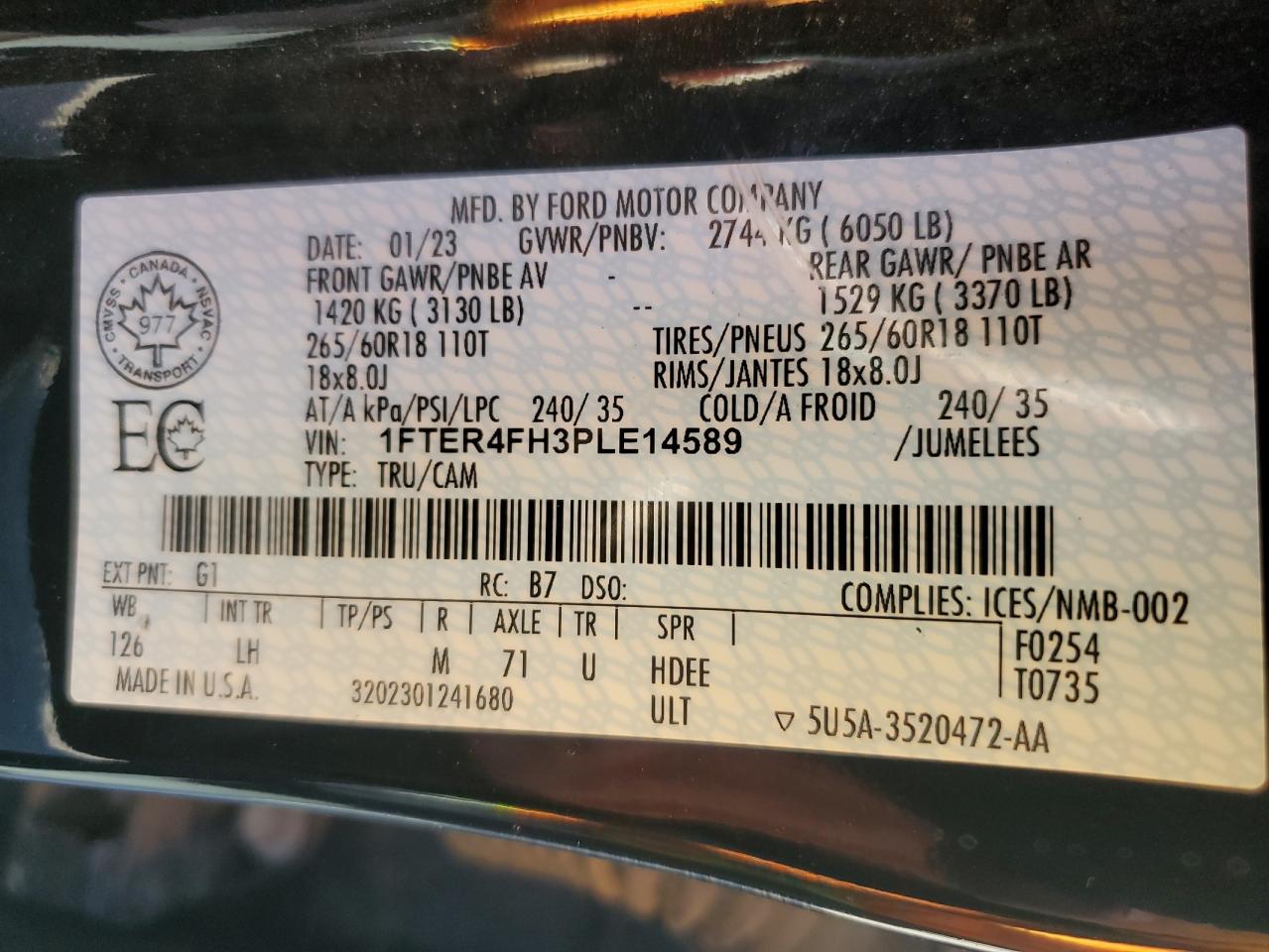 2023 Ford Ranger Xl VIN: 1FTER4FH3PLE14589 Lot: 81682415