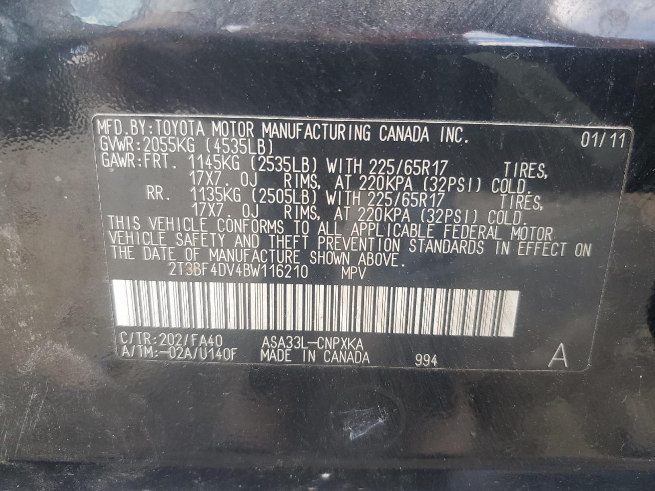 2011 Toyota Rav4 VIN: 2T3BF4DV4BW116210 Lot: 66031835