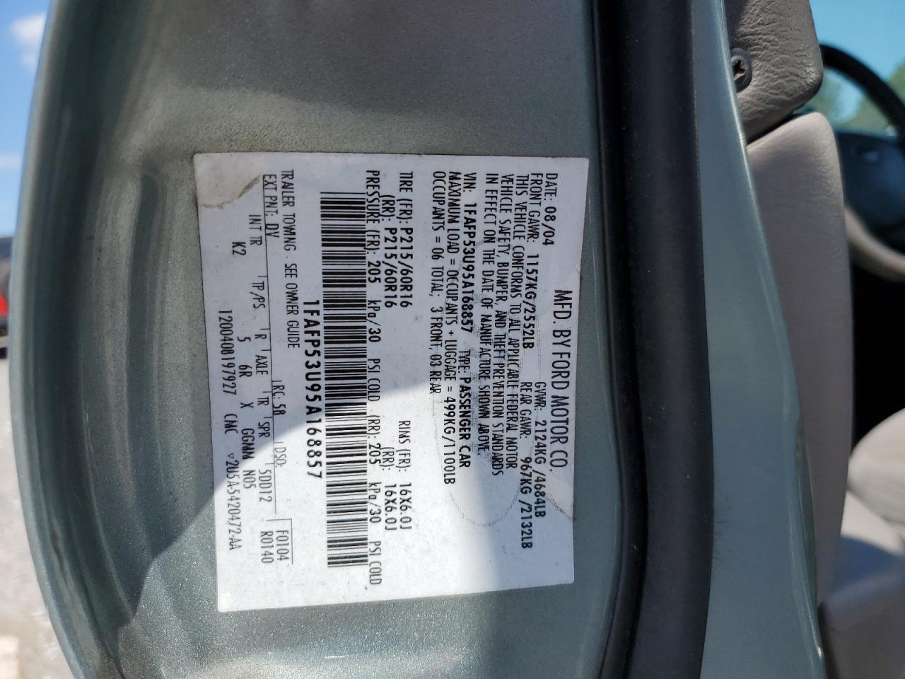 2005 Ford Taurus Se VIN: 1FAFP53U95A168857 Lot: 80219165