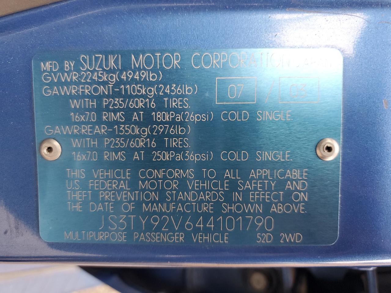 2004 Suzuki Xl7 Ex VIN: JS3TY92V644101790 Lot: 81838115