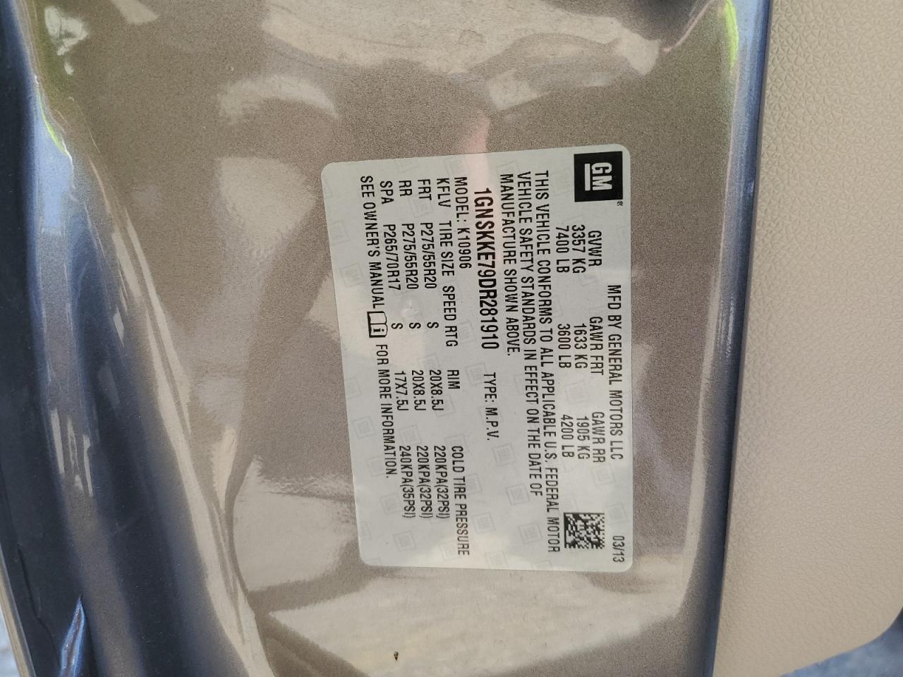 2013 Chevrolet Suburban K1500 Ltz VIN: 1GNSKKE79DR281910 Lot: 84017445