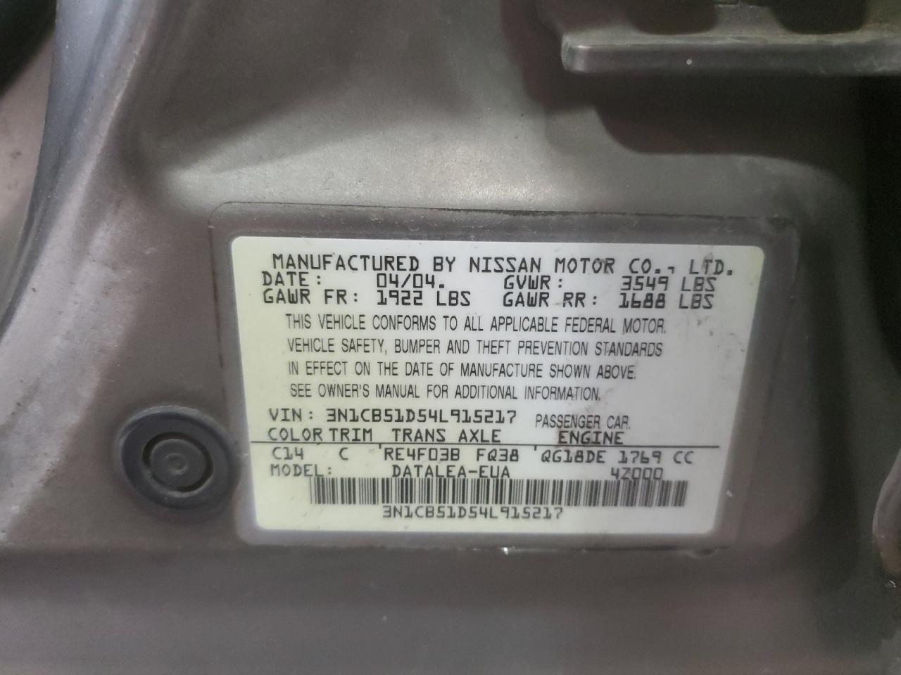 2004 Nissan Sentra 1.8 VIN: 3N1CB51D54L915217 Lot: 81375135