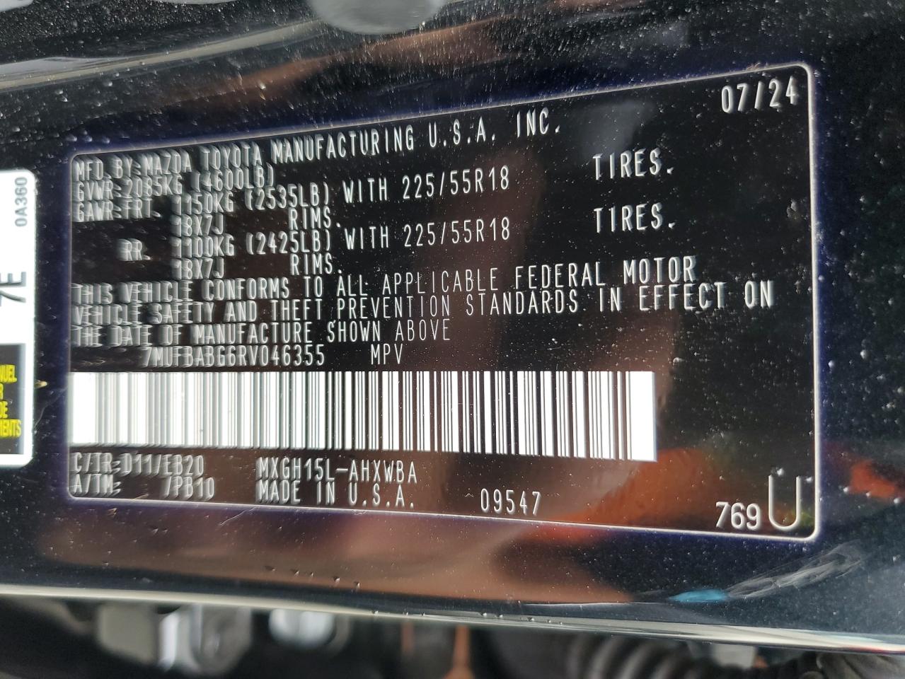 2024 Toyota Corolla Cross Se VIN: 7MUFBABG6RV046355 Lot: 71848315