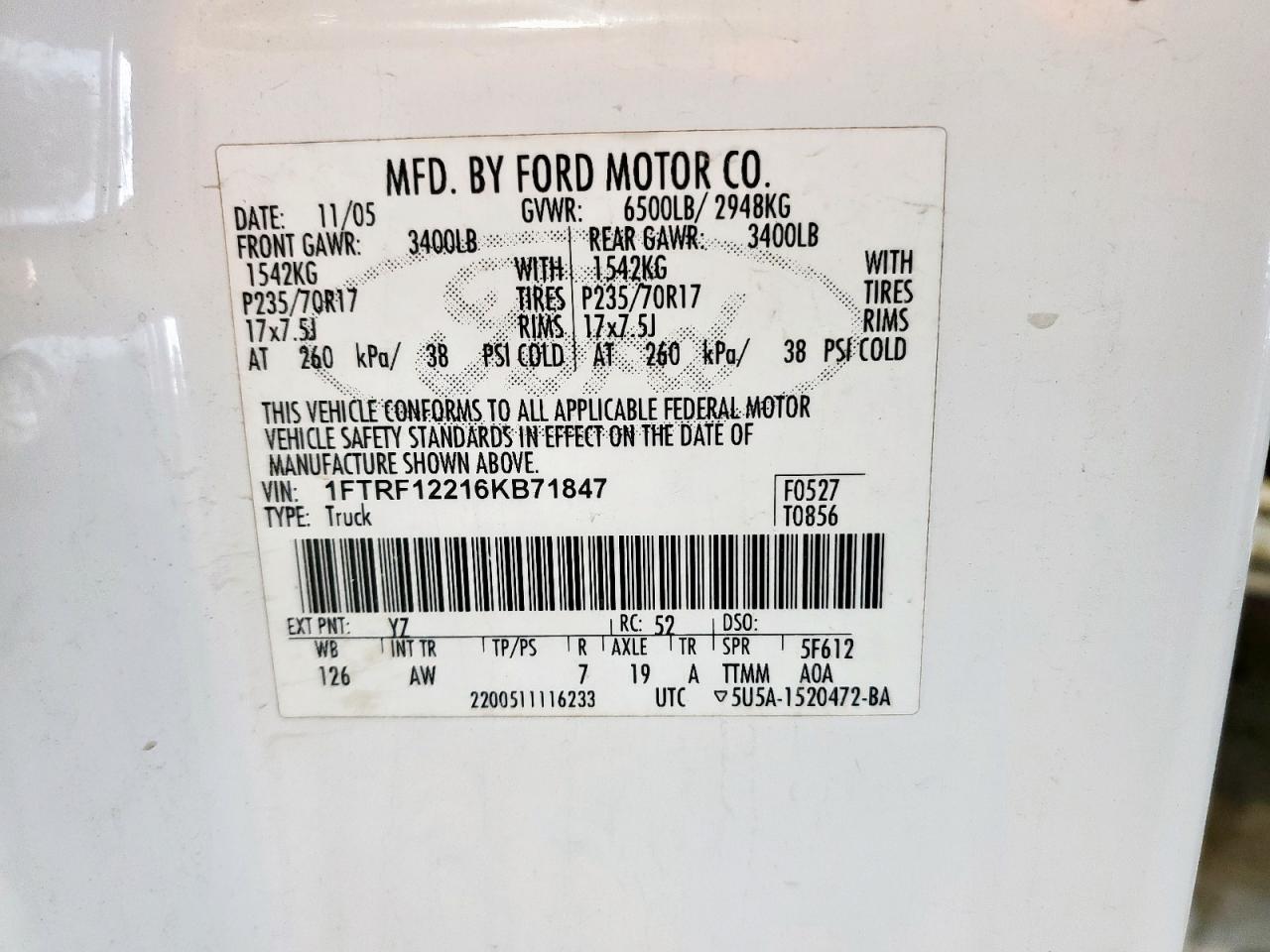 2006 Ford F150 VIN: 1FTRF12216KB71847 Lot: 84590715