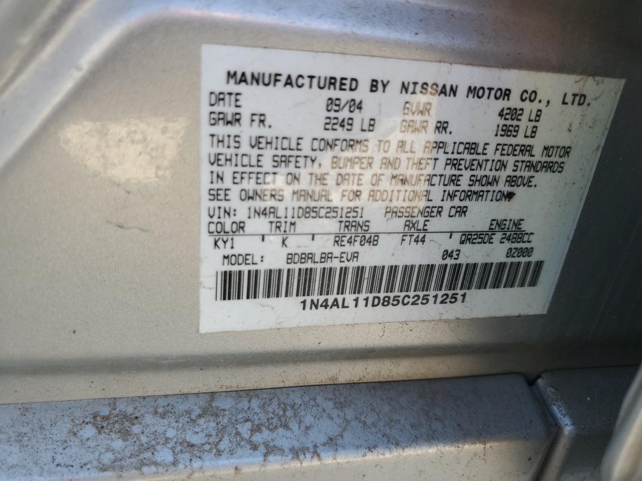 2005 Nissan Altima S VIN: 1N4AL11D85C251251 Lot: 84579935