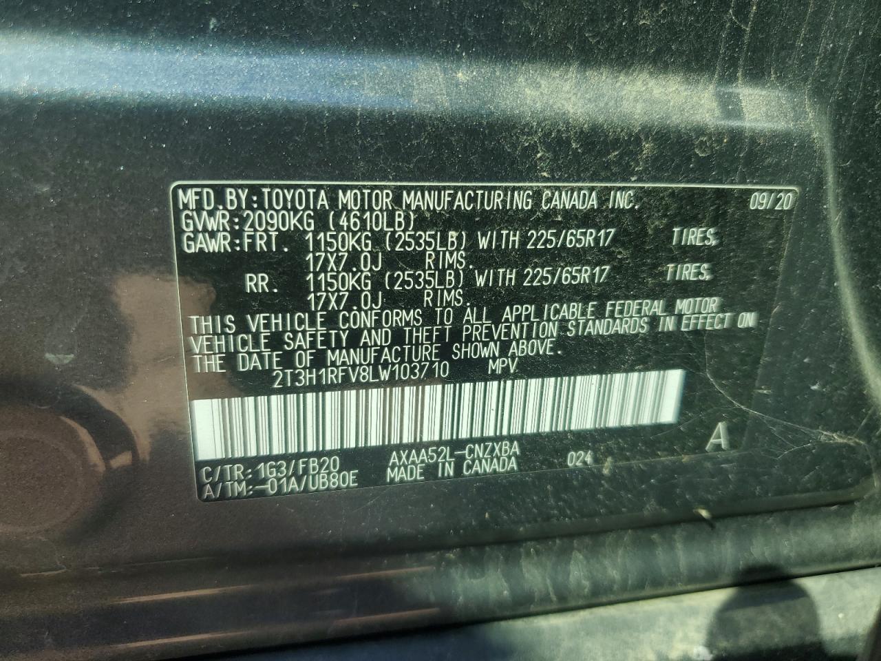 2020 Toyota Rav4 Le VIN: 2T3H1RFV8LW103710 Lot: 81665895