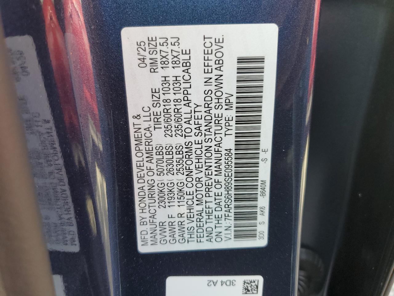 2025 Honda Cr-V Sport-L VIN: 7FARS6H89SE095584 Lot: 80346075