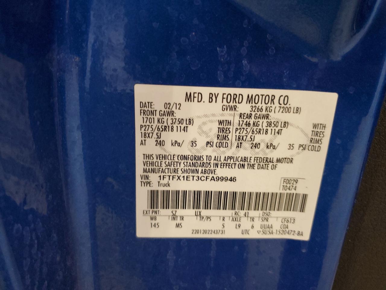 2012 Ford F150 Super Cab VIN: 1FTFX1ET3CFA99946 Lot: 85919865