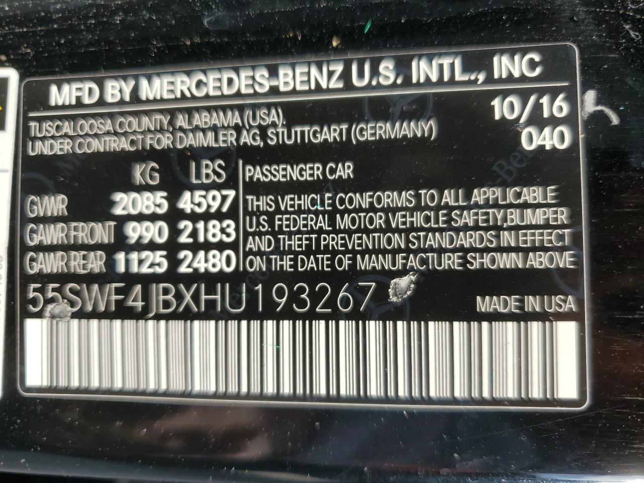 2017 Mercedes-Benz C 300 VIN: 55SWF4JBXHU193267 Lot: 81814645