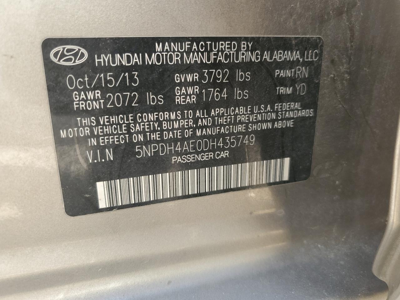 2013 Hyundai Elantra Gls VIN: 5NPDH4AE0DH435749 Lot: 81804835