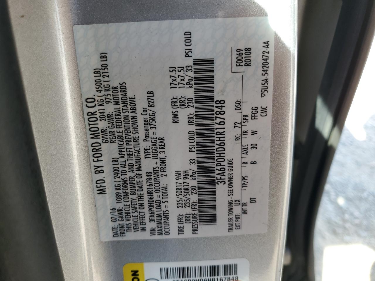 2017 Ford Fusion Se VIN: 3FA6P0HD6HR167848 Lot: 70744385