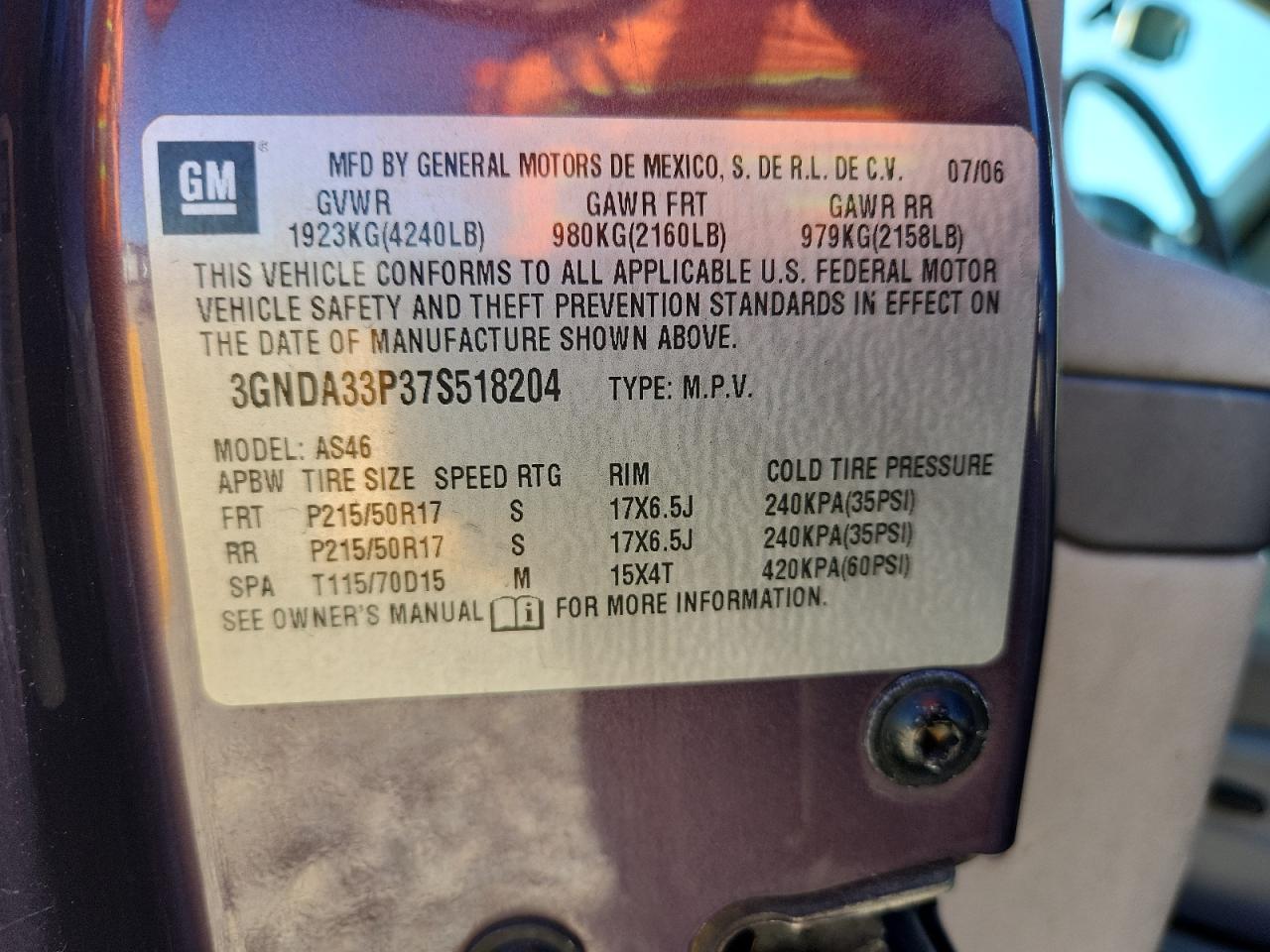 2007 Chevrolet Hhr Lt VIN: 3GNDA33P37S518204 Lot: 84029765