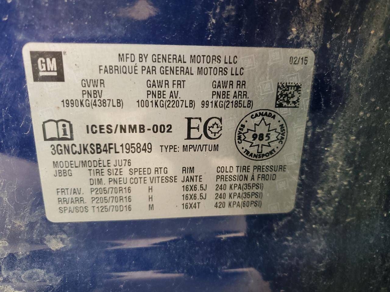 2015 Chevrolet Trax Ls VIN: 3GNCJKSB4FL195849 Lot: 80812965