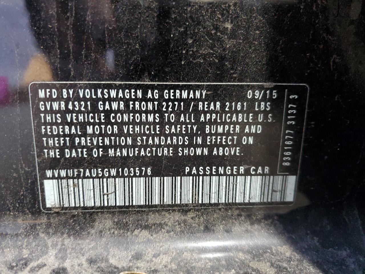 2016 Volkswagen Golf R VIN: WVWUF7AU5GW103576 Lot: 80522605