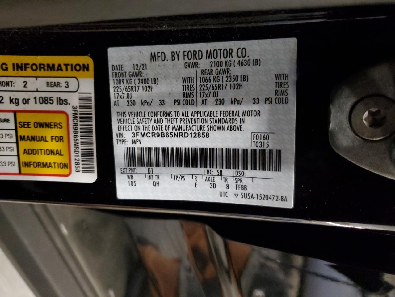 2022 Ford Bronco Sport Big Bend VIN: 3FMCR9B65NRD12858 Lot: 71480735