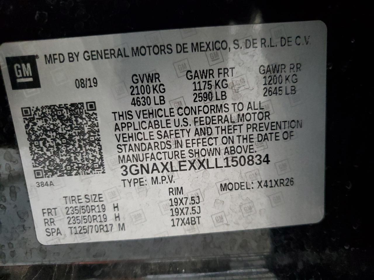 2020 Chevrolet Equinox Lt VIN: 3GNAXLEXXLL150834 Lot: 84364055