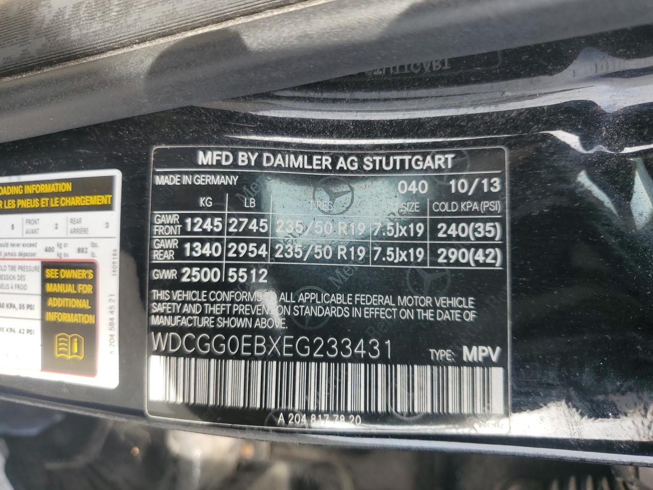 2014 Mercedes-Benz Glk 250 Bluetec VIN: WDCGG0EBXEG233431 Lot: 72032615