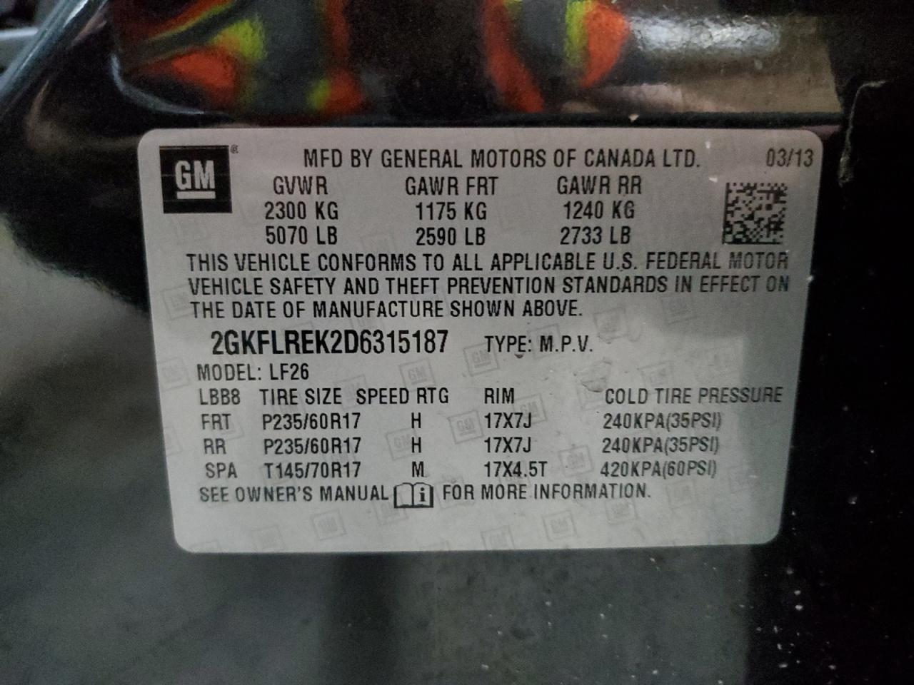 2013 GMC Terrain Sle VIN: 2GKFLREK2D6315187 Lot: 80460075
