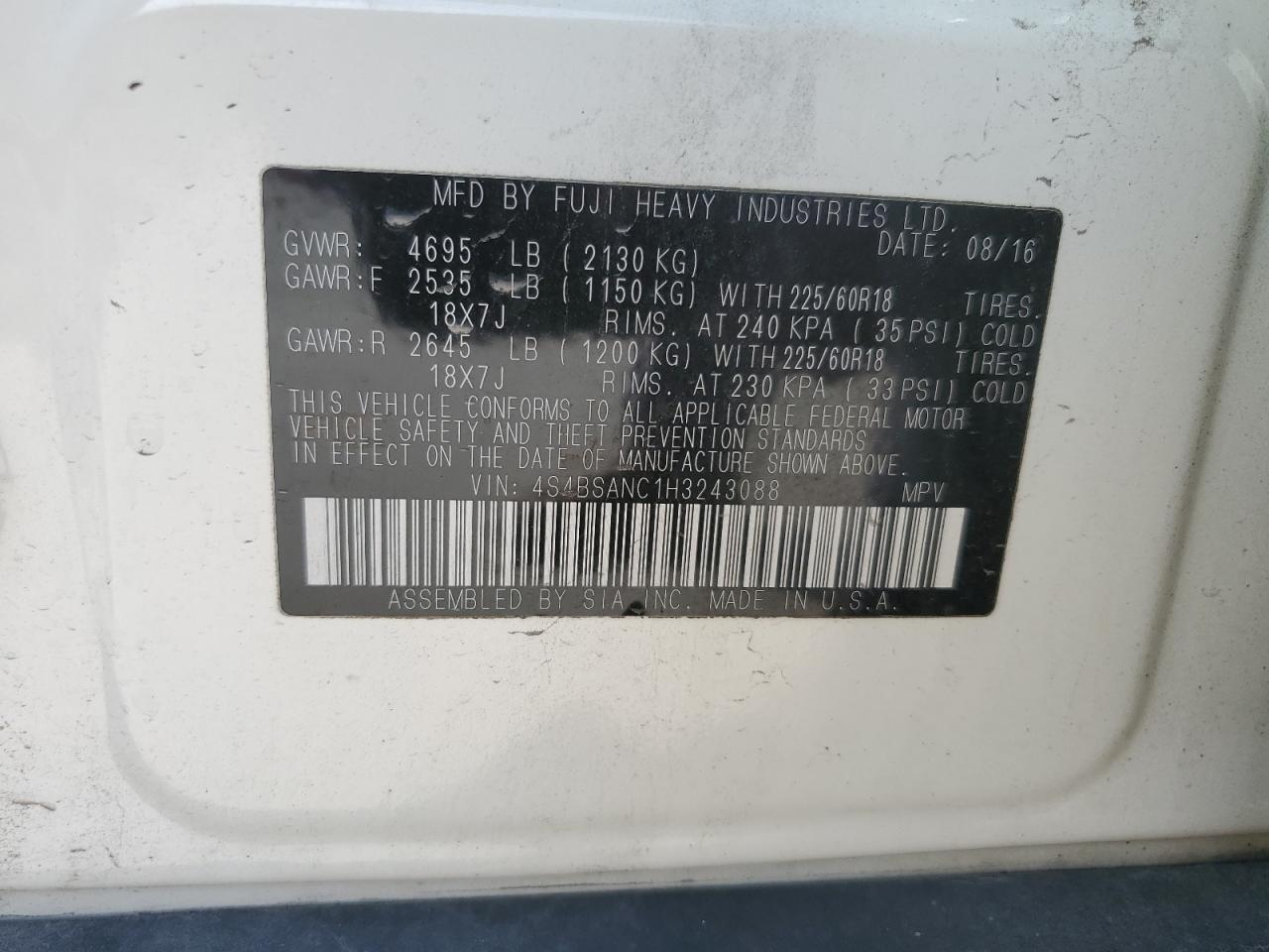 2017 Subaru Outback 2.5I Limited VIN: 4S4BSANC1H3243088 Lot: 84607465