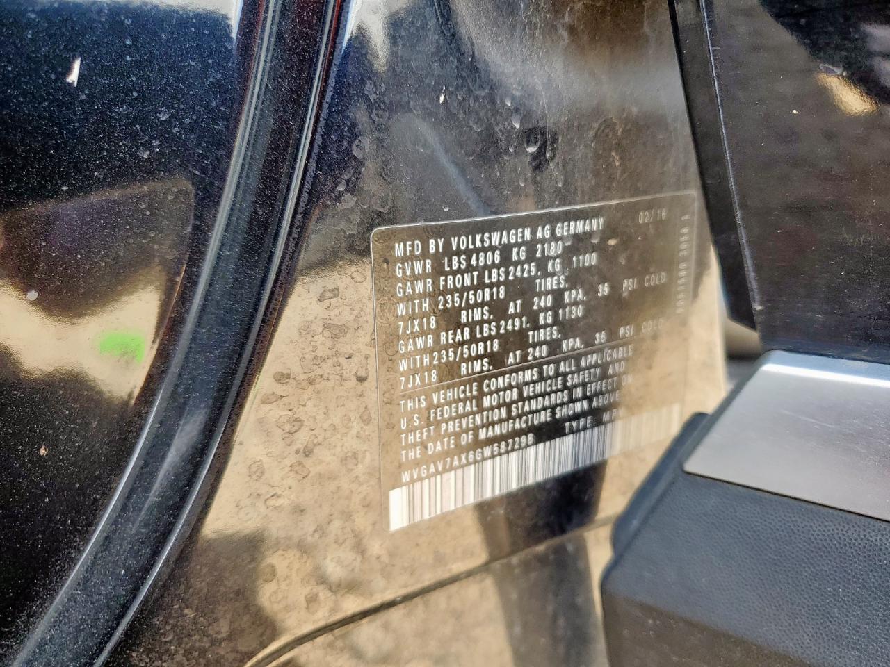 2016 Volkswagen Tiguan S VIN: WVGAV7AX6GW587298 Lot: 71801915