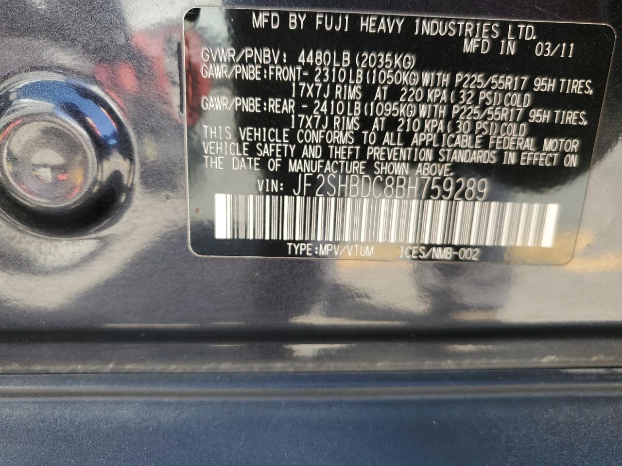 2011 Subaru Forester 2.5X Premium VIN: JF2SHBDC8BH759289 Lot: 80019315